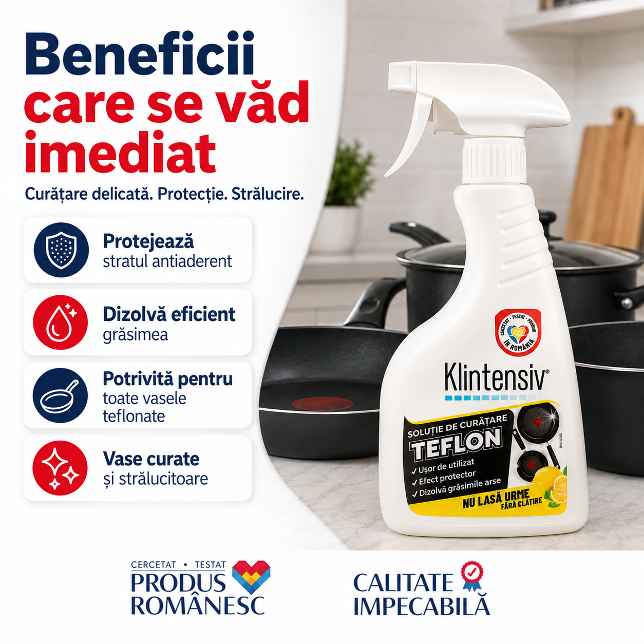 Soluție Klintensiv pentru &icirc;ndepărtarea grăsimii și resturilor alimentare de pe vase antiaderente