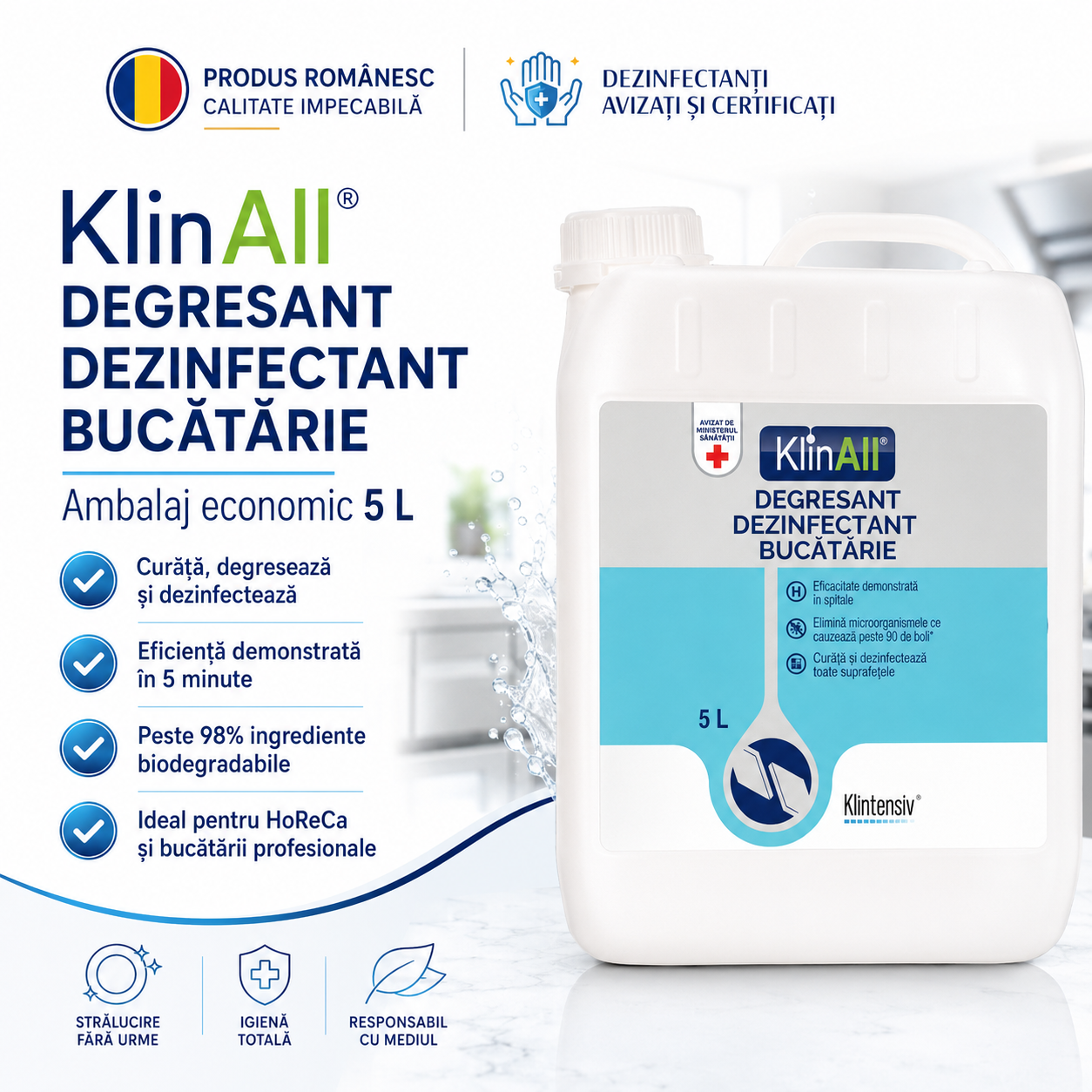 KlinAll Klintensiv curăță degresează și dezinfectează suprafețele din bucătărie &icirc;n 5 minute