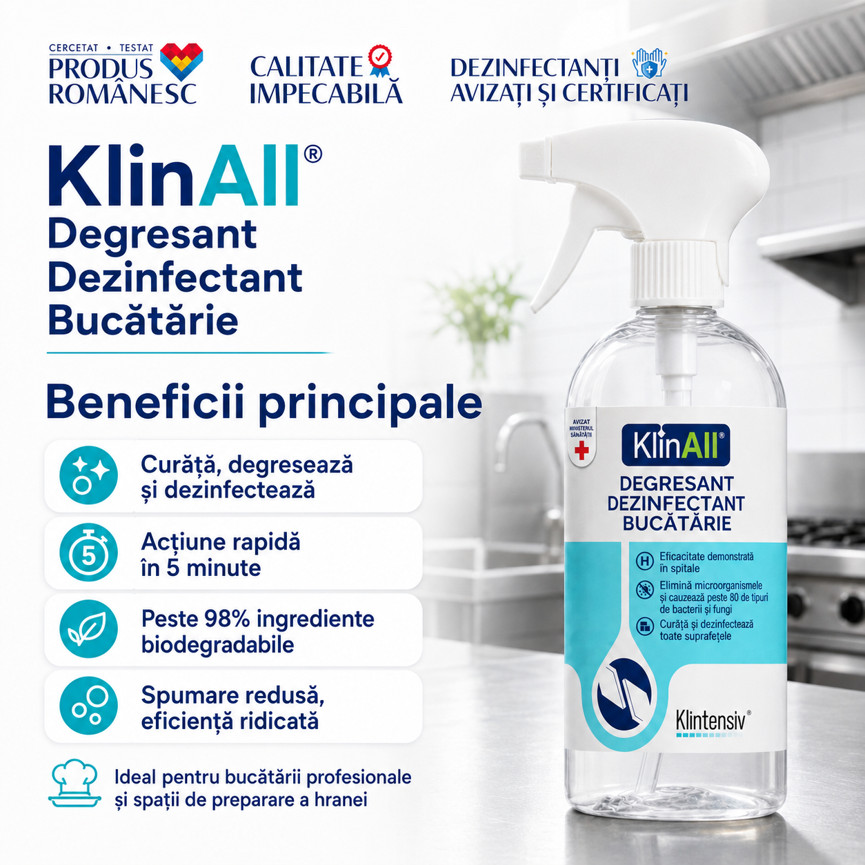 Degresant dezinfectant KlinAll Klintensiv cu ingrediente biodegradabile peste 98 la sută