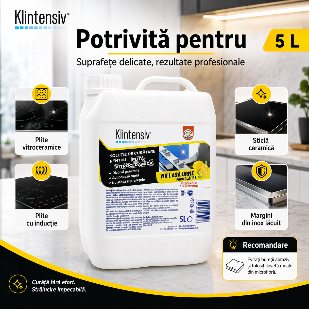 Soluție Klintensiv pentru îndepărtarea grăsimii arse de pe plită vitroceramică și inducție