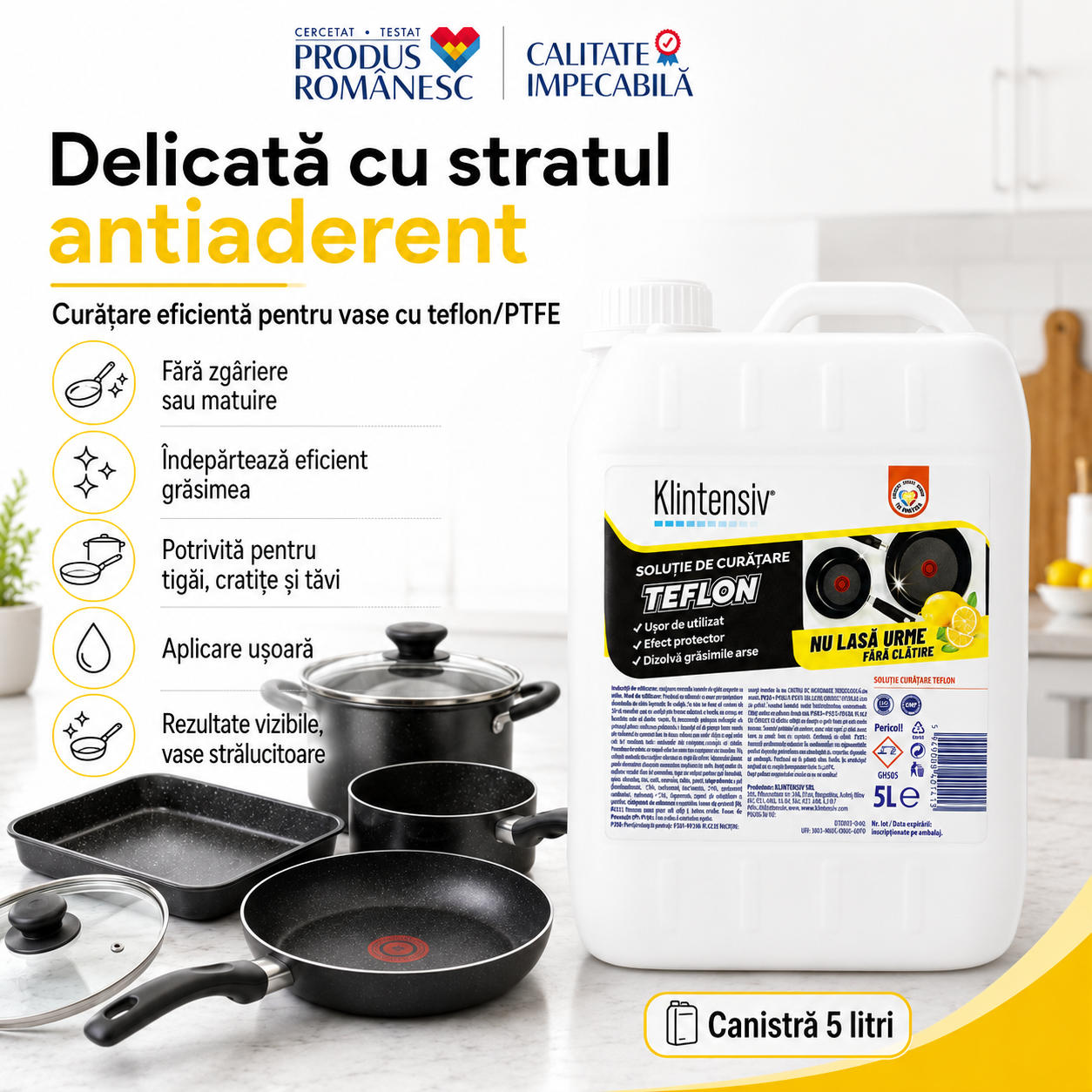 Soluție Klintensiv pentru îndepărtarea grăsimii și resturilor alimentare de pe vase antiaderente