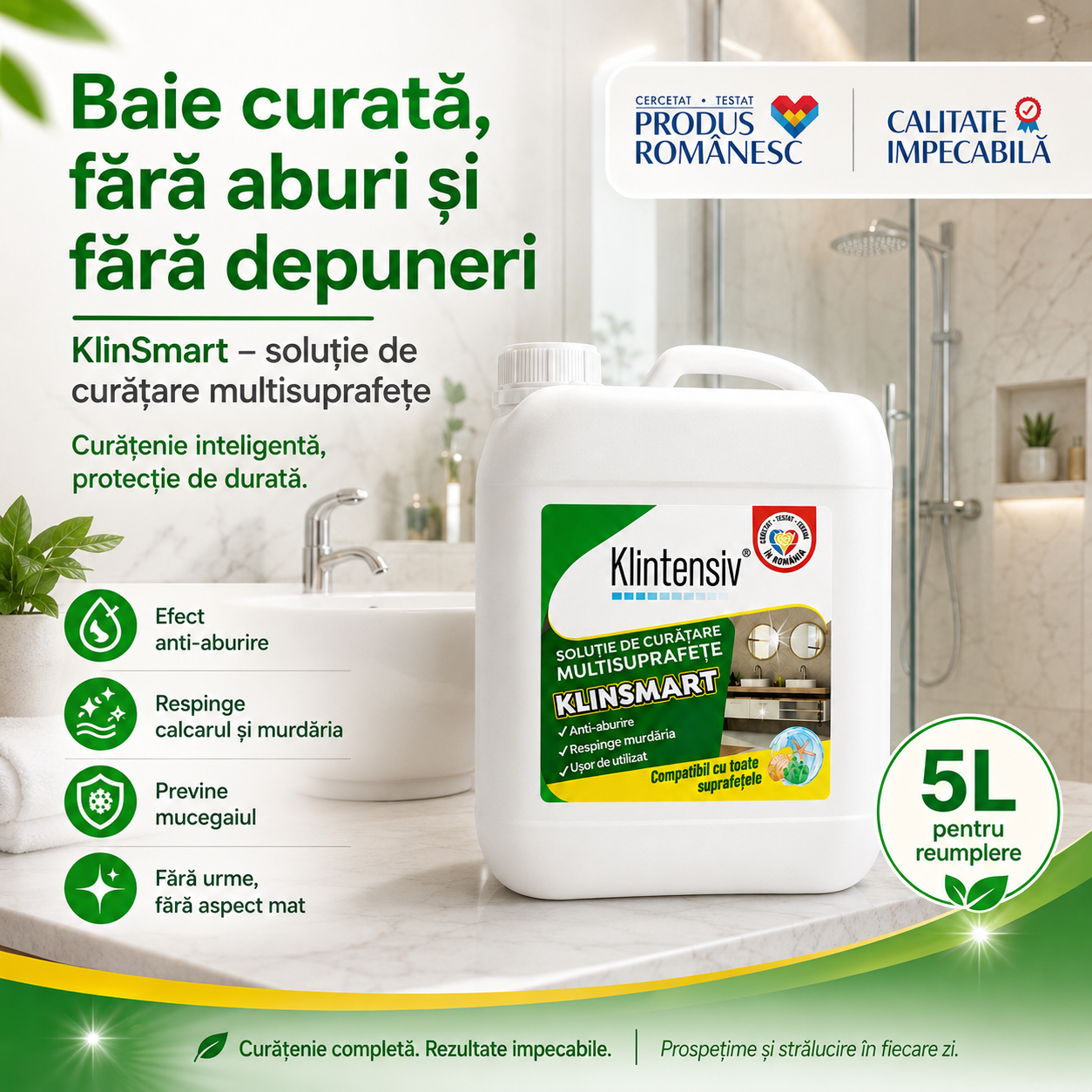 KlinSmart soluție de curățare anticalcar degresantă cu protecție pentru suprafețe