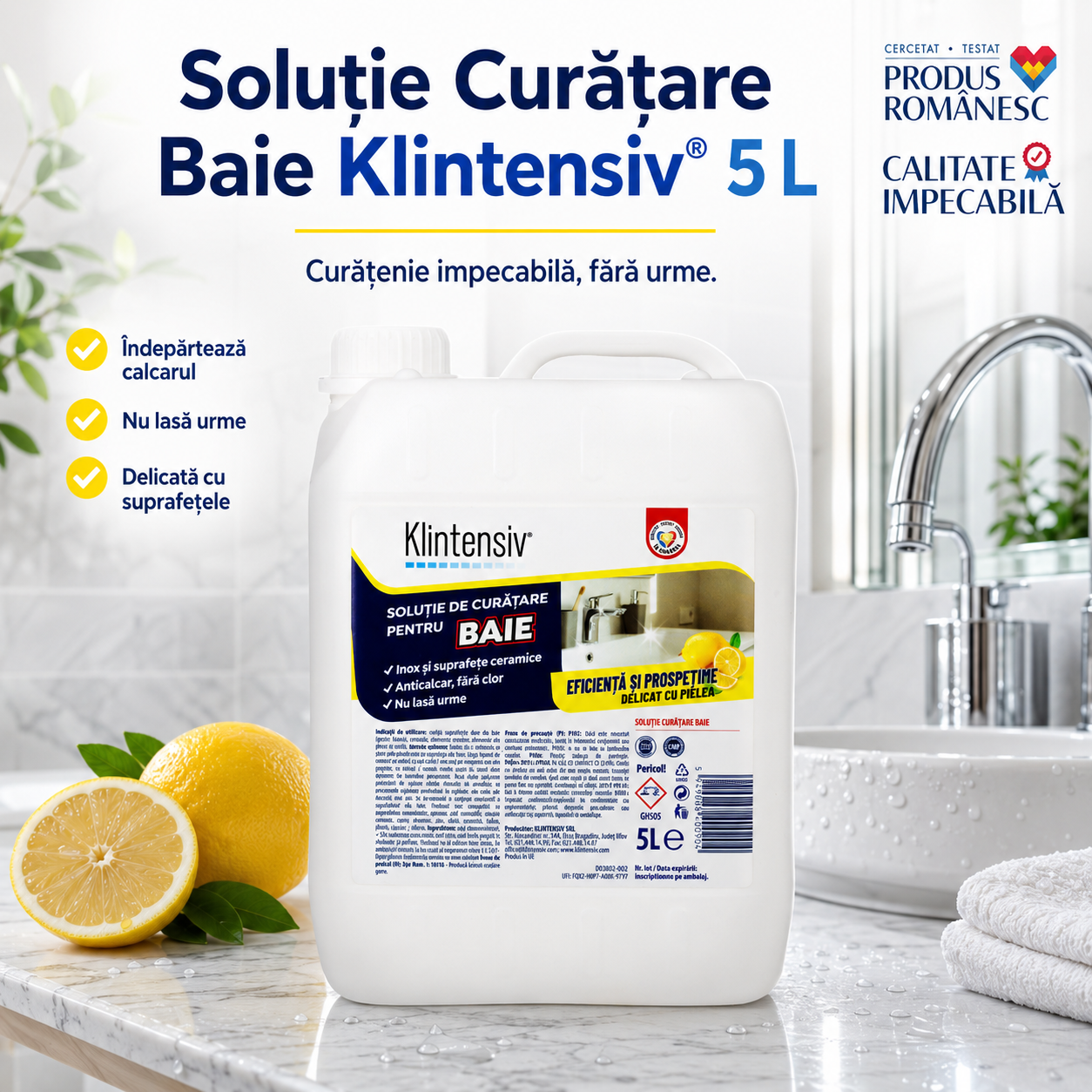 Soluție anticalcar Klintensiv pentru baie cabine duș robinete lavoare și obiecte sanitare