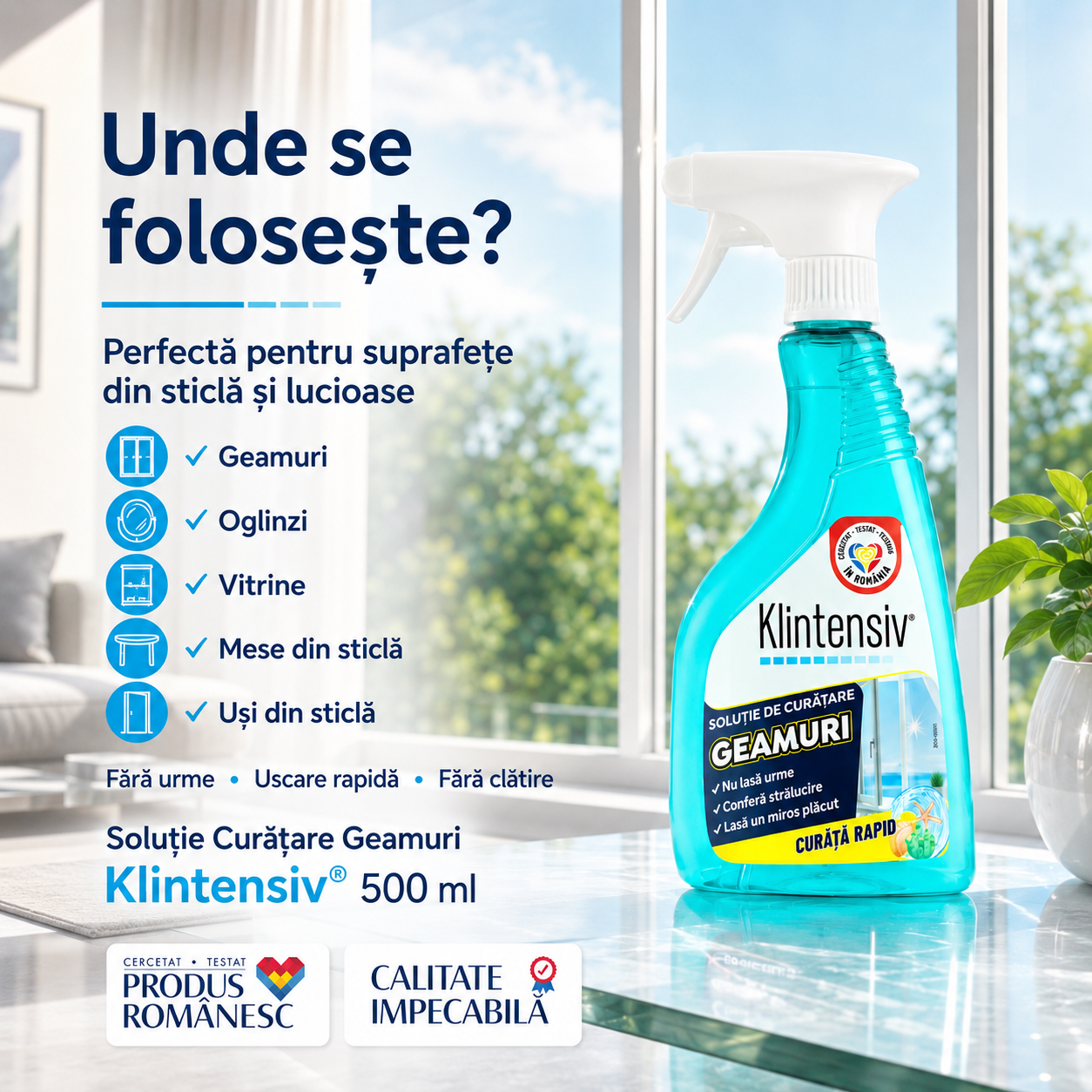 Soluție Klintensiv pentru curățare rapidă geamuri sticlă oglinzi și vitrine cu efect antistatic