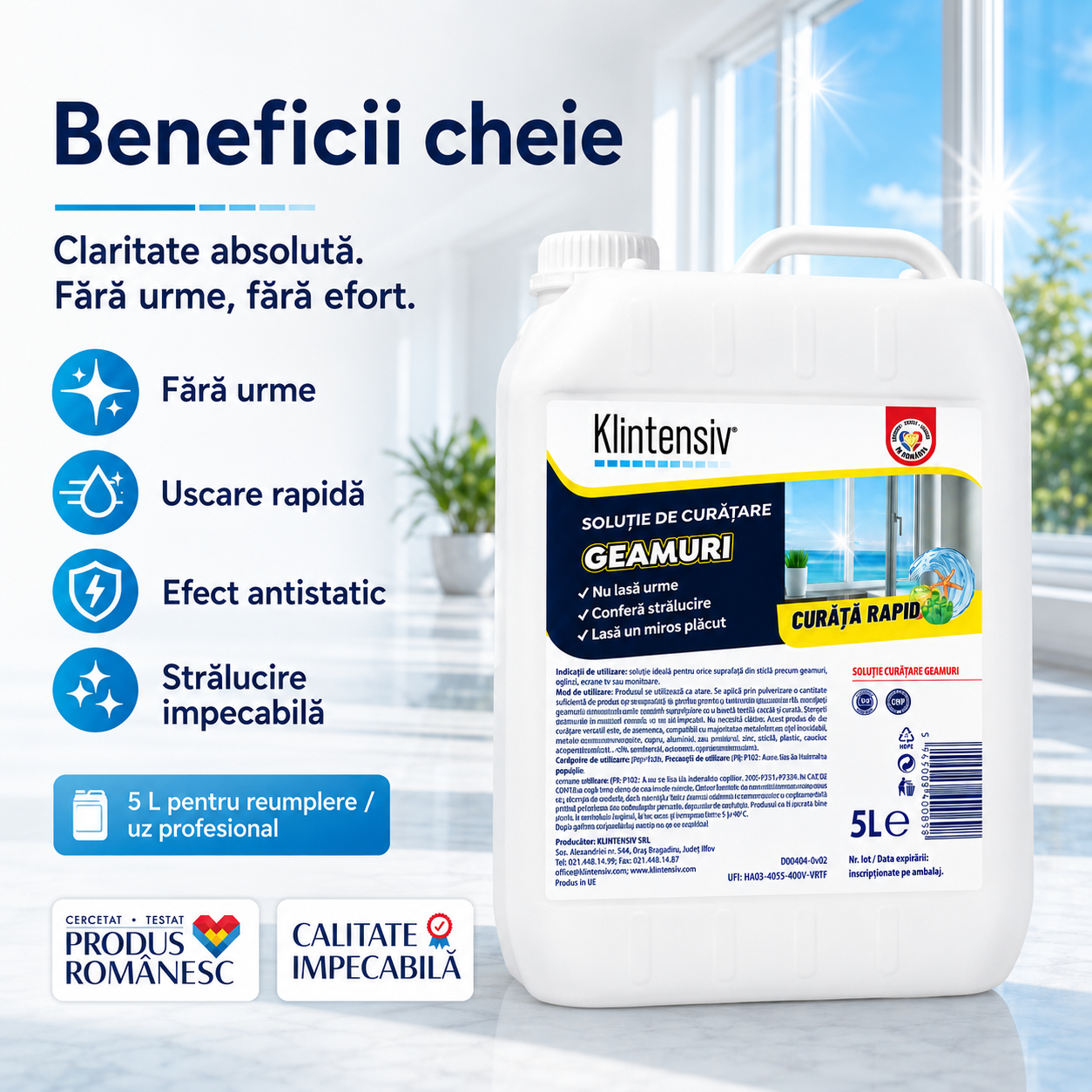 Soluție Klintensiv pentru curățare rapidă geamuri sticlă oglinzi și vitrine cu efect antistatic