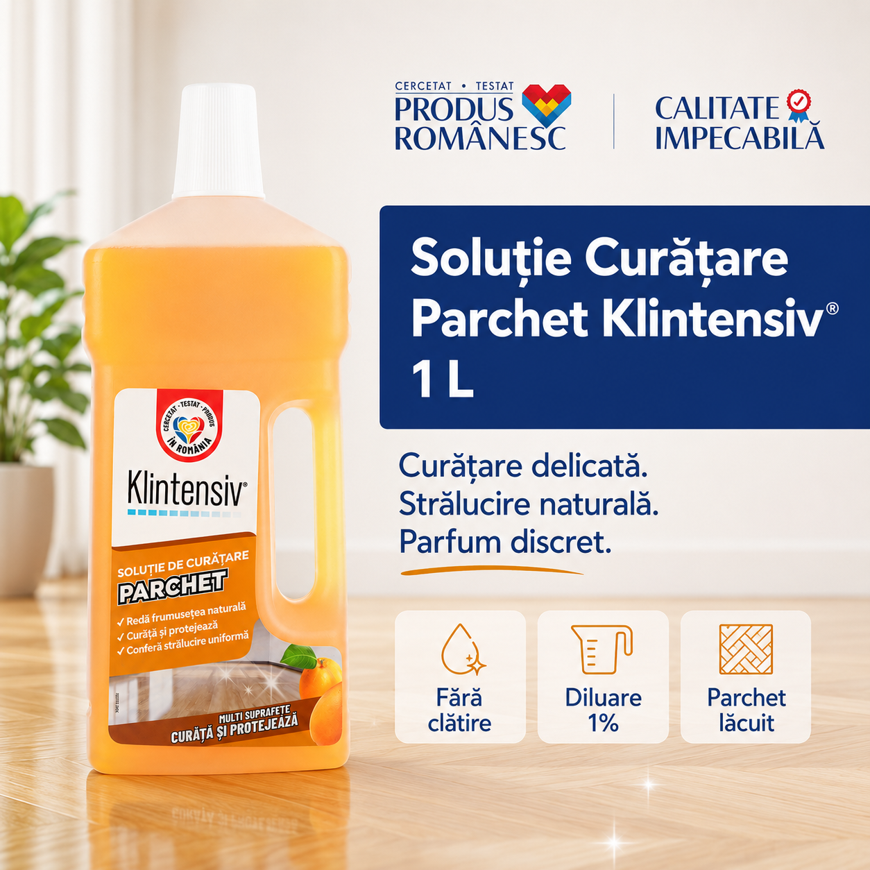 Soluție Klintensiv pentru curățare parchet lăcuit cu parfum discret și strălucire naturală