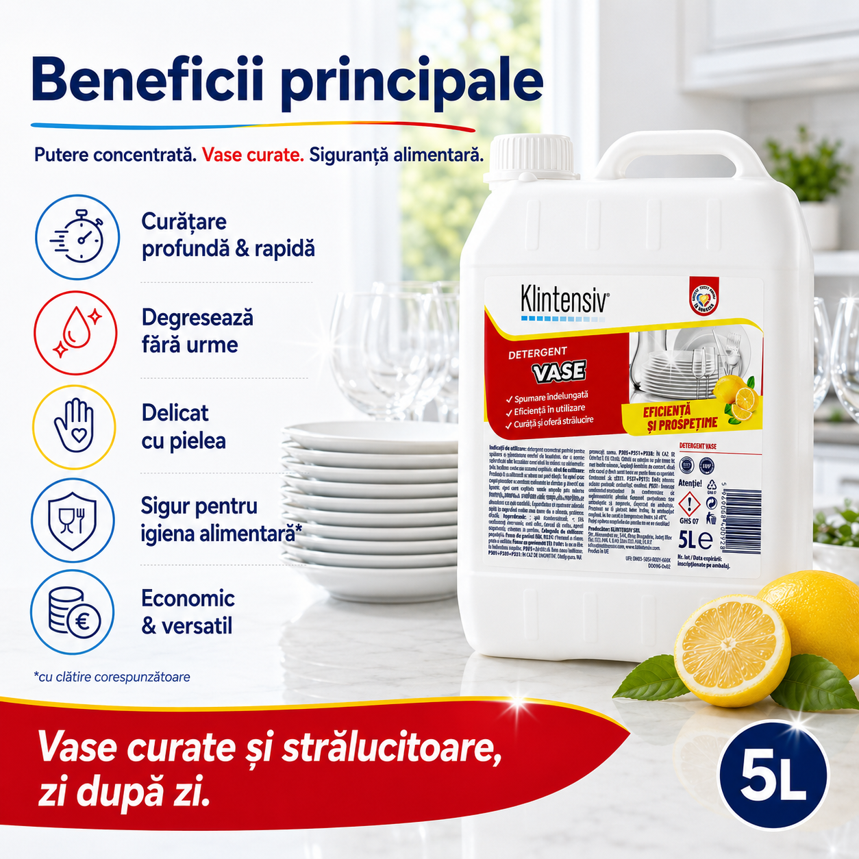 Detergent de vase Klintensiv degresare rapidă fără urme și fără peliculă