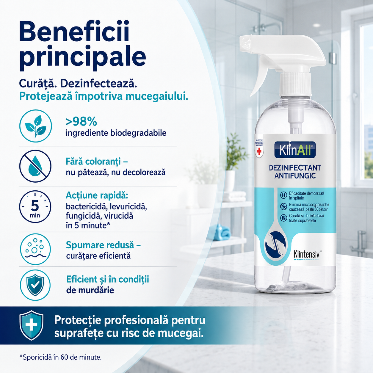 KlinAll Klintensiv dezinfectant antimucegai cu peste 98 la sută ingrediente biodegradabile