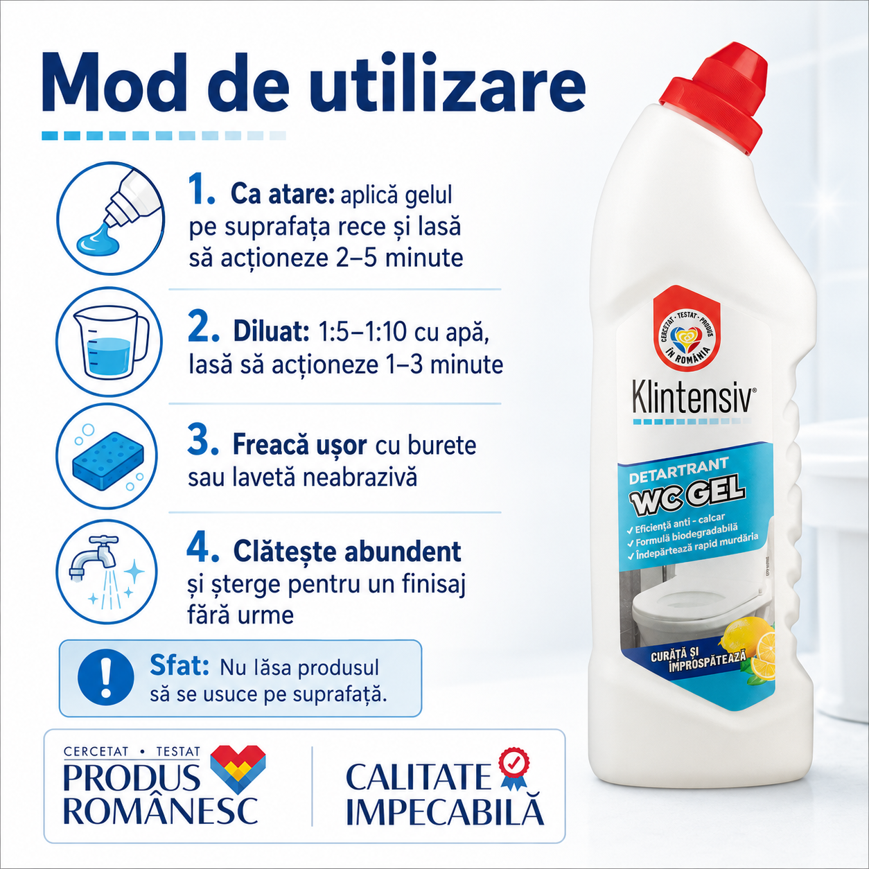 Klintensiv gel detartrant pentru calcar urme de apă murdărie și pete persistente
