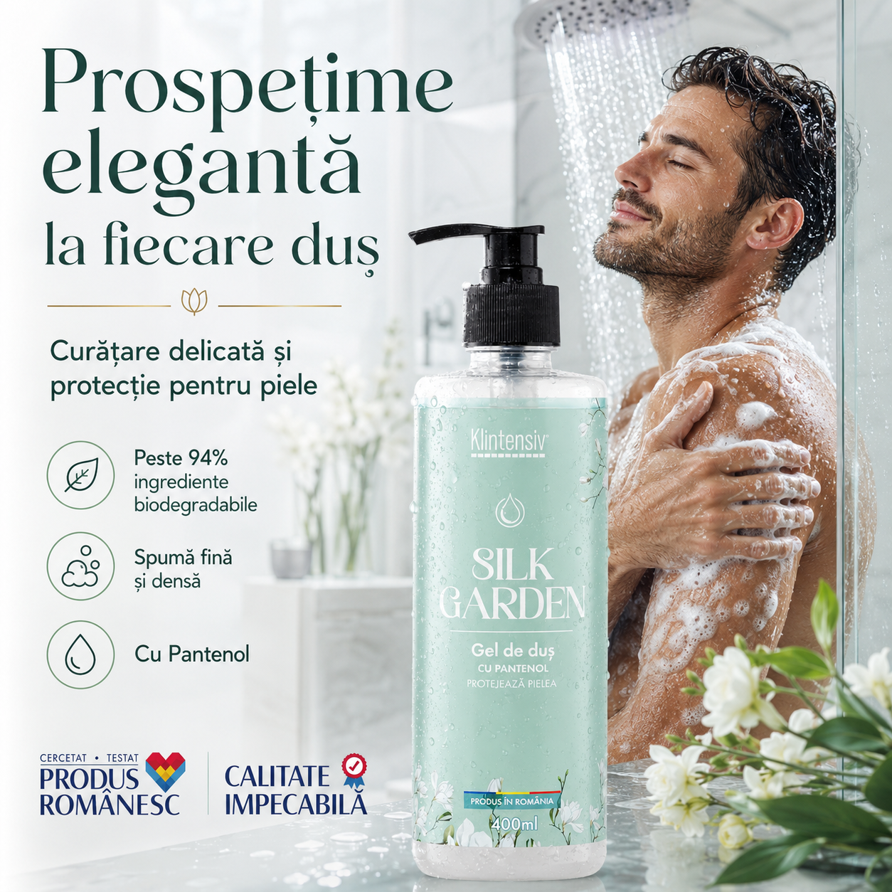 Gel de duș Klintensiv Silk Garden peste 94 la sută ingrediente biodegradabile și efect emolient