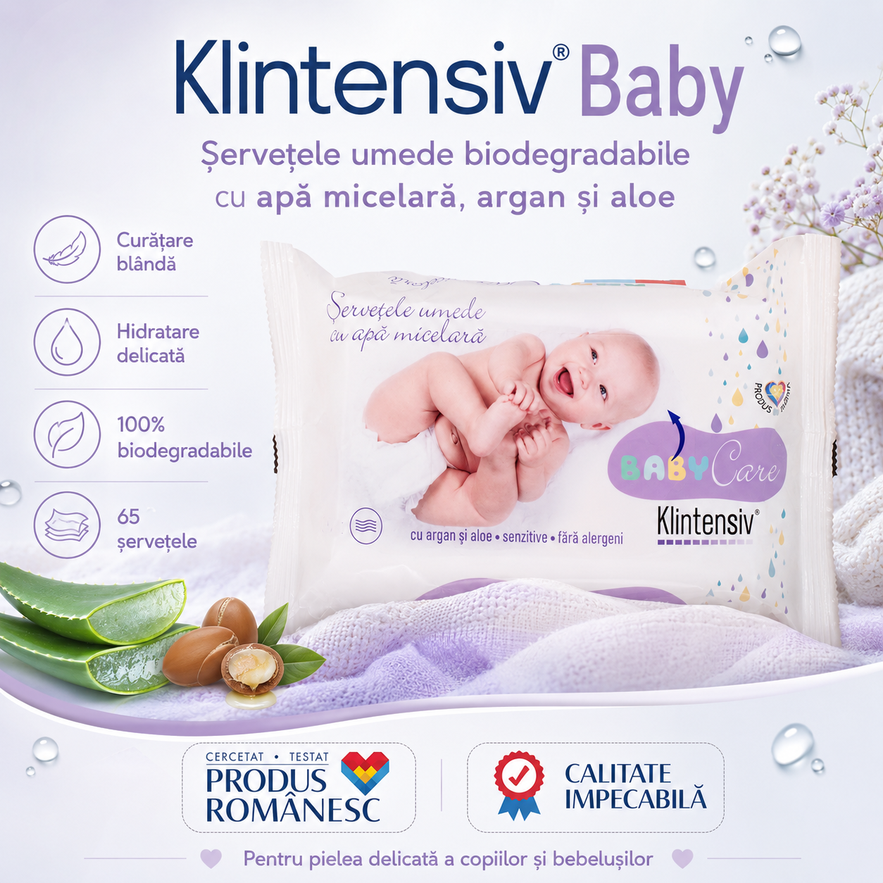 Șervețele umede biodegradabile Klintensiv Baby cu apă micelară pentru curățare bl&acirc;ndă