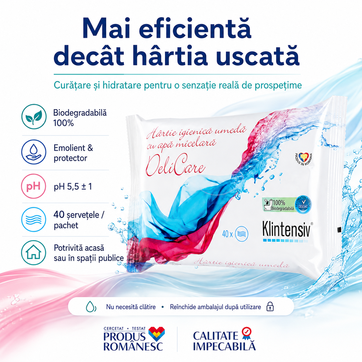 Beneficii h&acirc;rtie igienică umedă Klintensiv biodegradabilă pentru utilizare frecventă