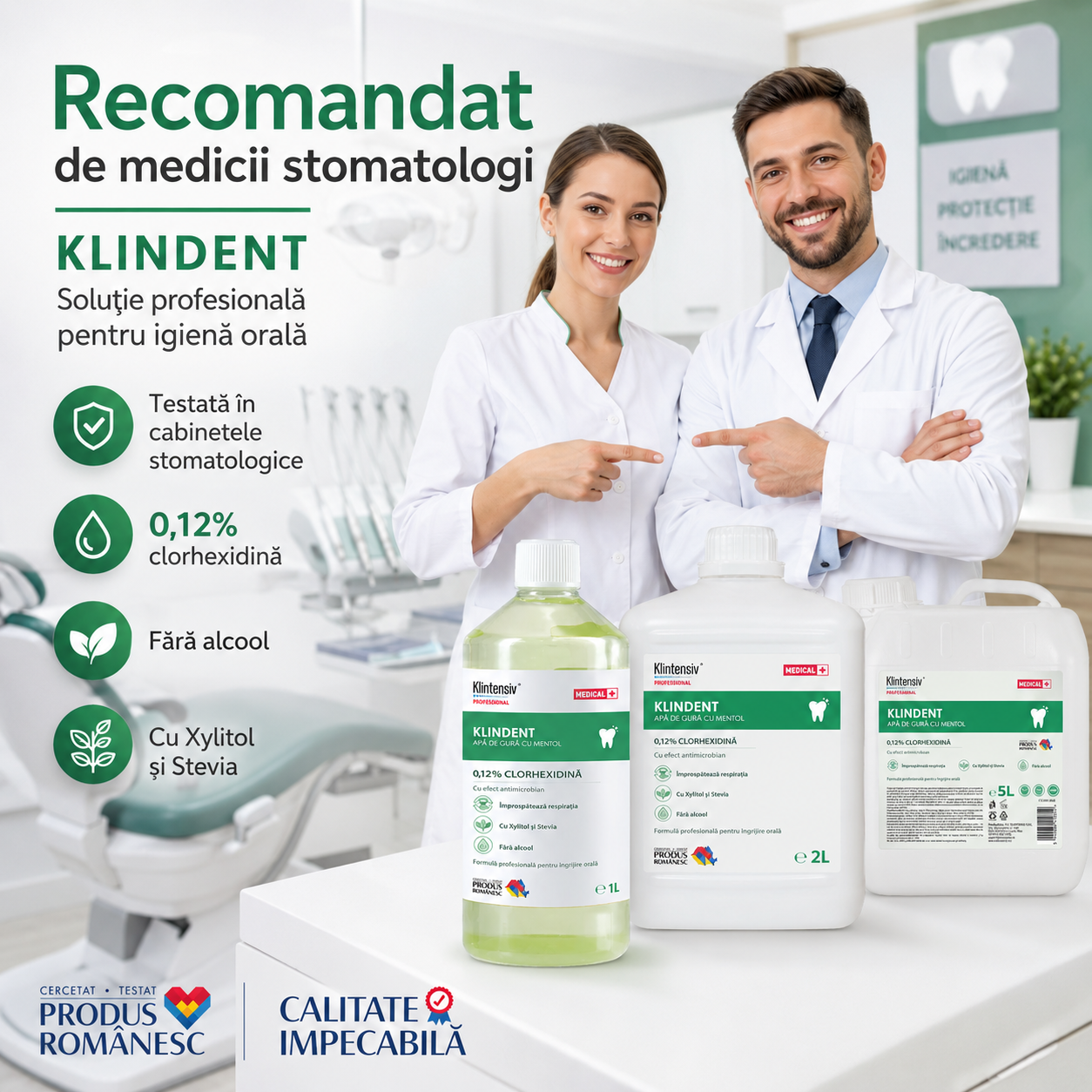 Beneficii KLINDENT clorhexidină 0,12% xylitol stevia mentol fără alcool