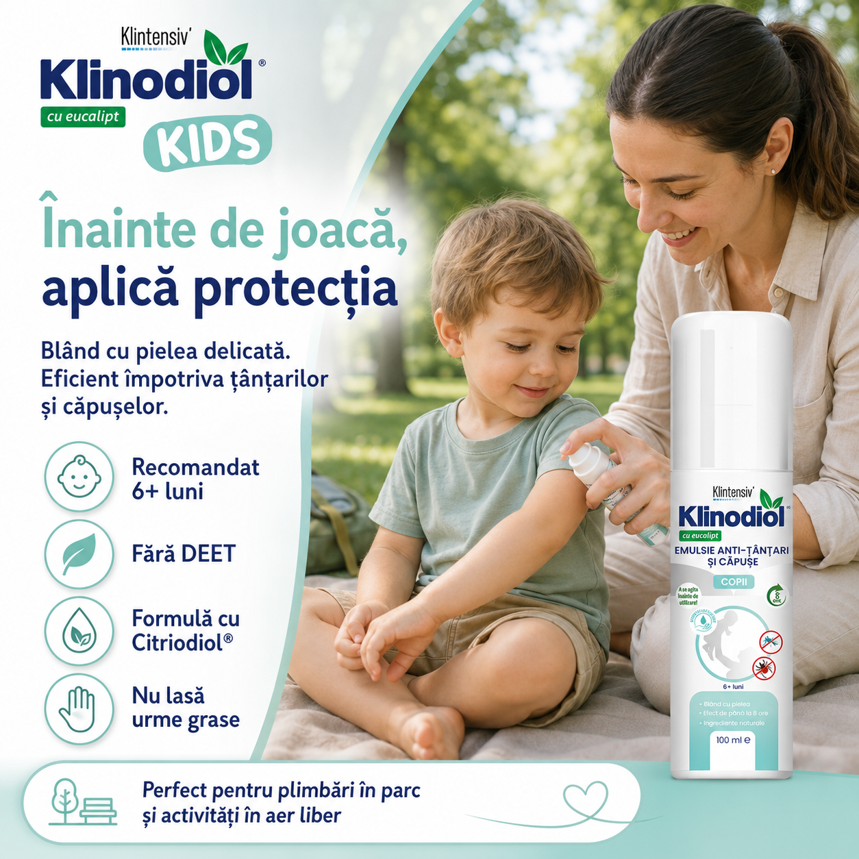 Beneficii KlinodioL Kids repelent copii fără DEET testat dermatologic protecție p&acirc;nă la 6 ore