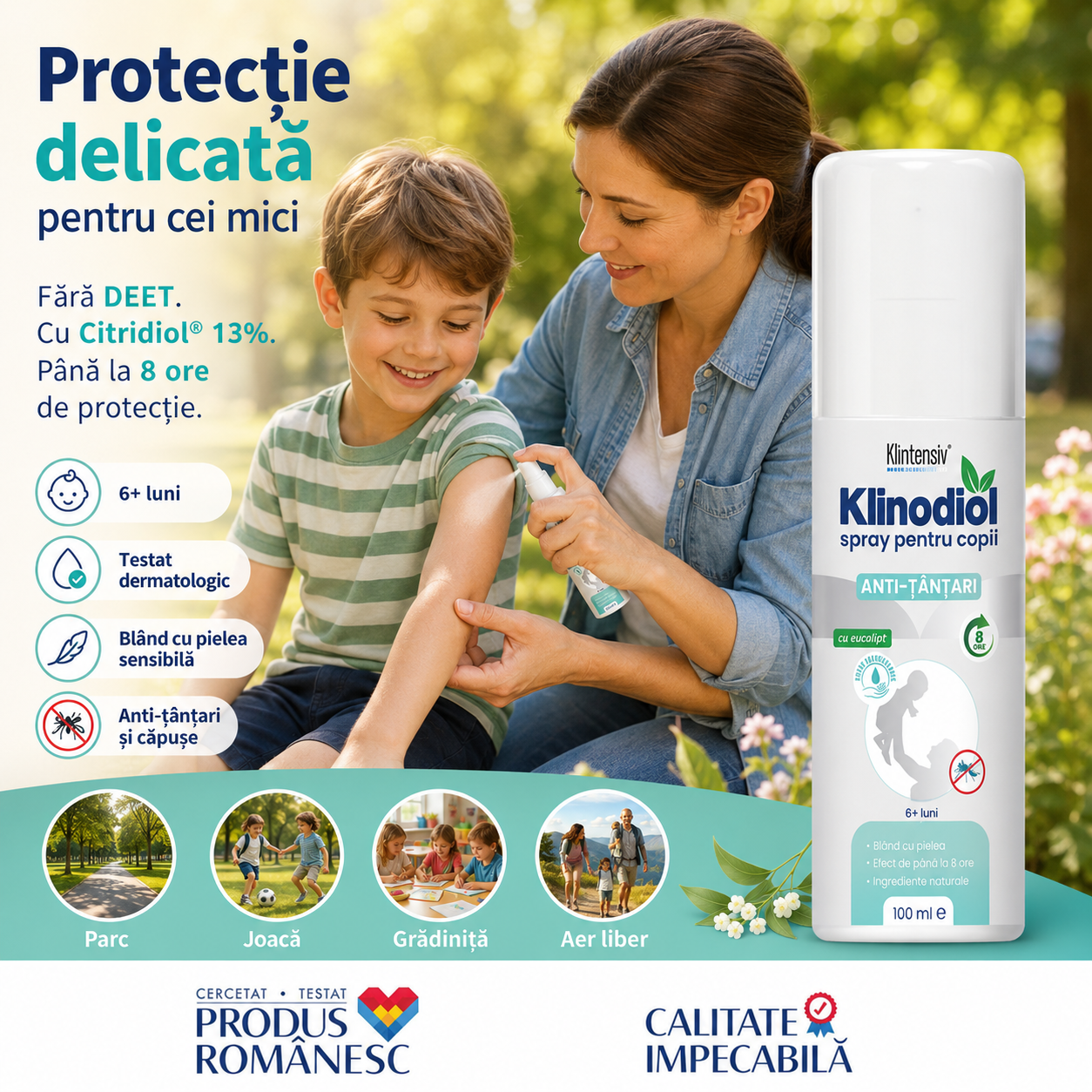Beneficii Klinodiol spray repelent copii fără DEET pH neutru biodegradabil și testat dermatologic