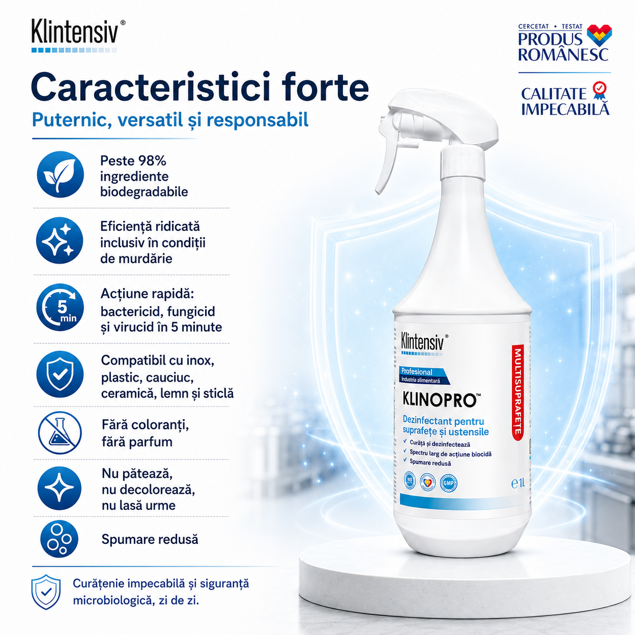 Beneficii Klinopro dezinfectant profesional biodegradabil fără parfum fără coloranți