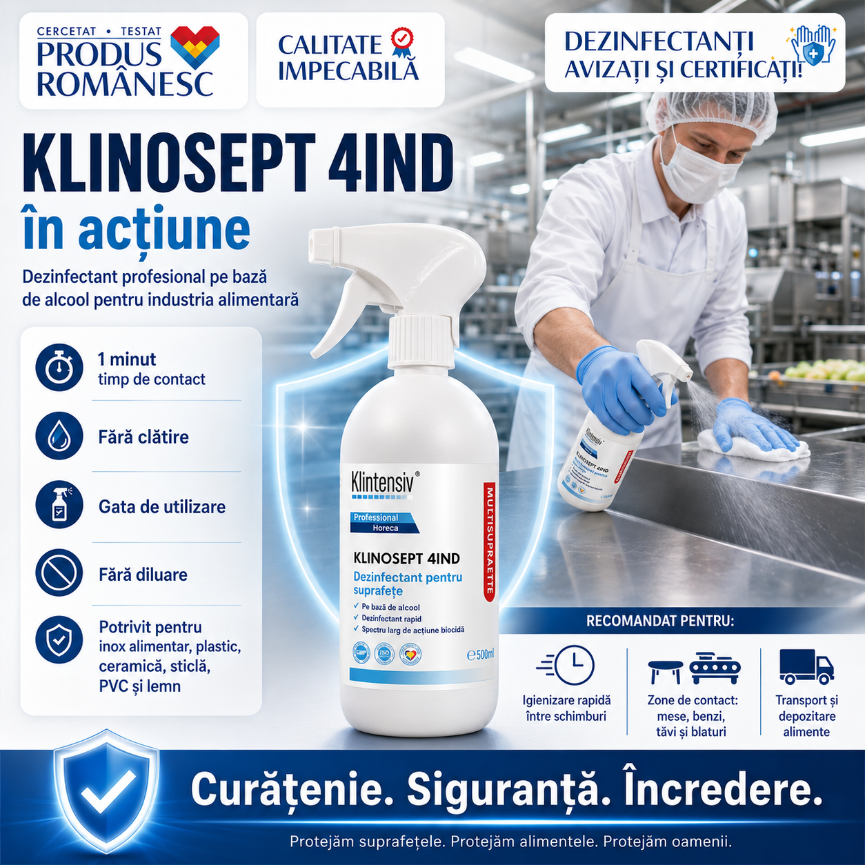 Beneficii Klinosept 4Ind acțiune rapidă 1 minut fără clătire 85% etanol