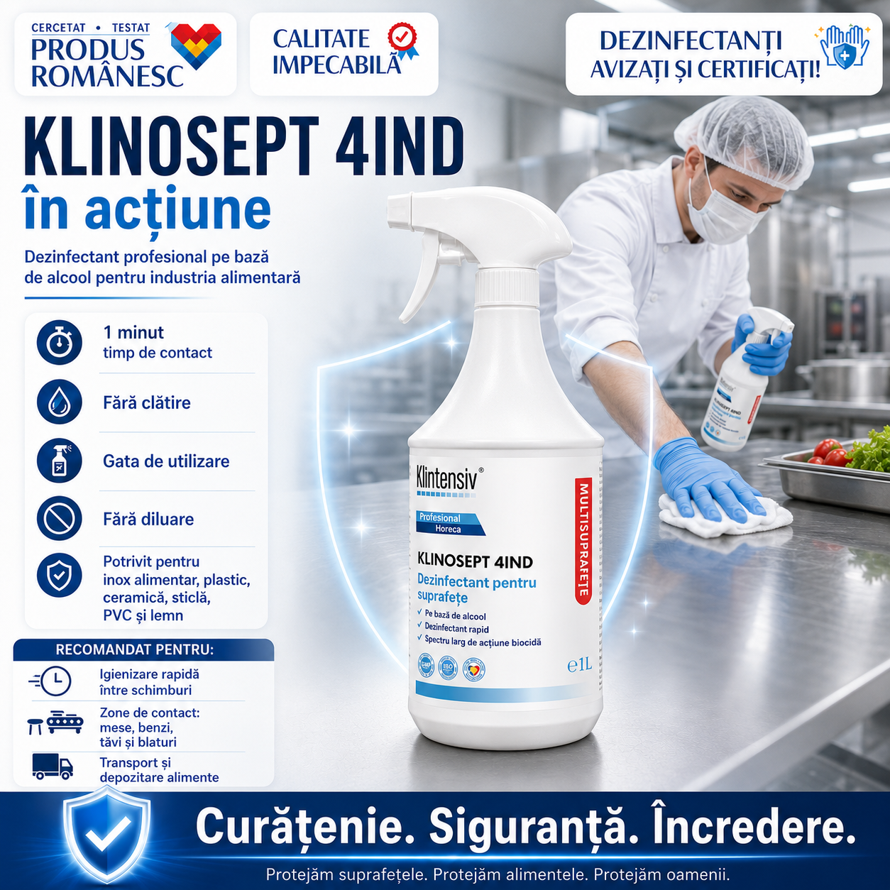 Beneficii Klinosept 4Ind acțiune rapidă 1 minut fără clătire 85% etanol