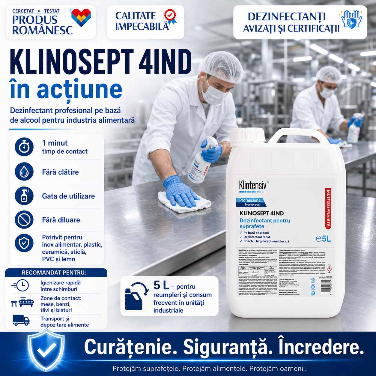 Beneficii Klinosept 4Ind acțiune rapidă 1 minut fără clătire 85% etanol
