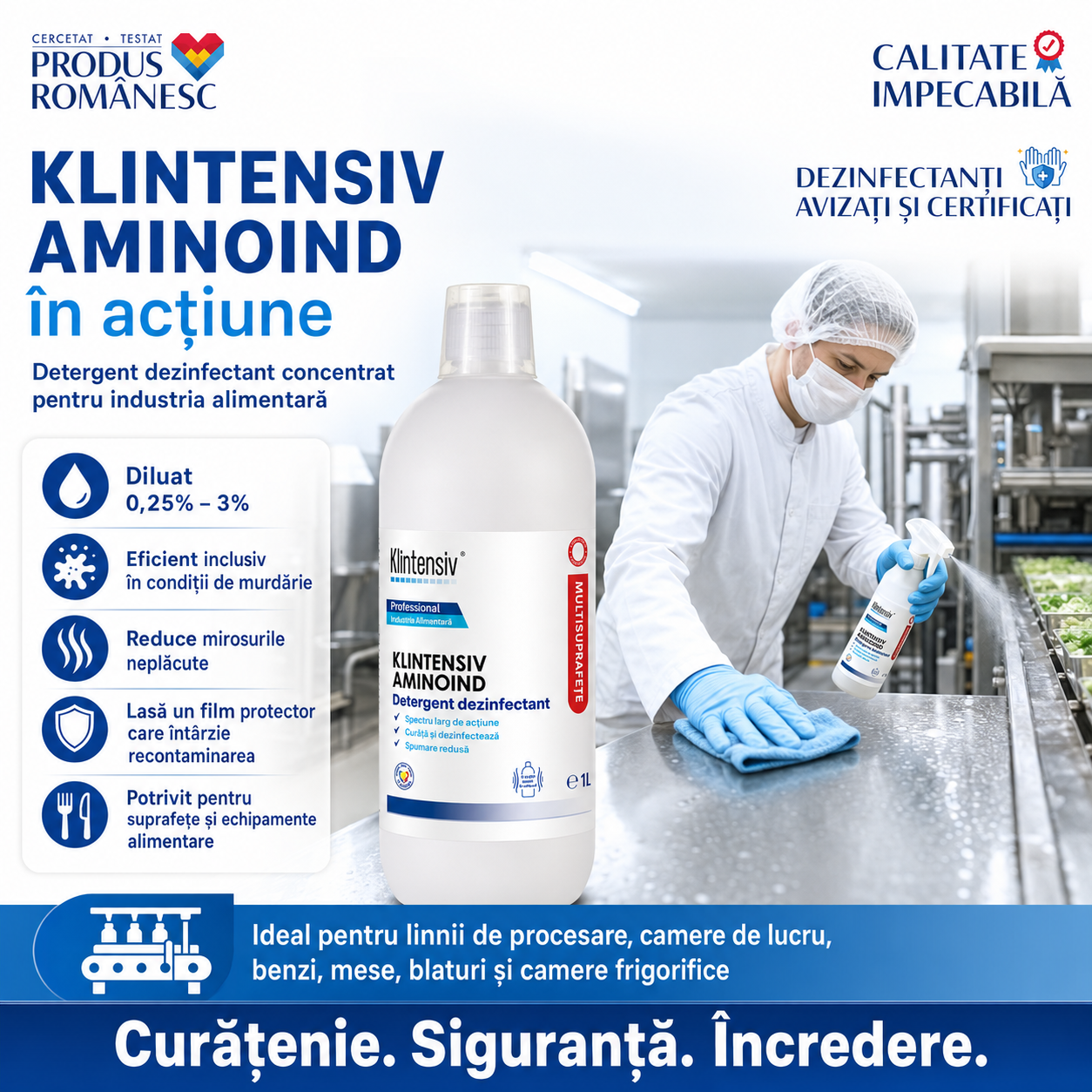 Beneficii Klintensiv Aminoind biodegradabil 90% spumare redusă film protector și dezinfectare