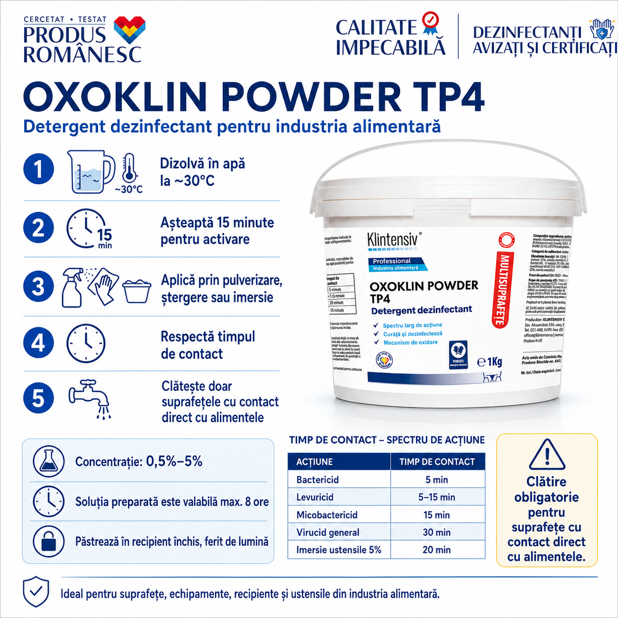 Beneficii Oxoklin Powder acțiune oxidativă rapidă biodegradabil eficient la temperaturi joase