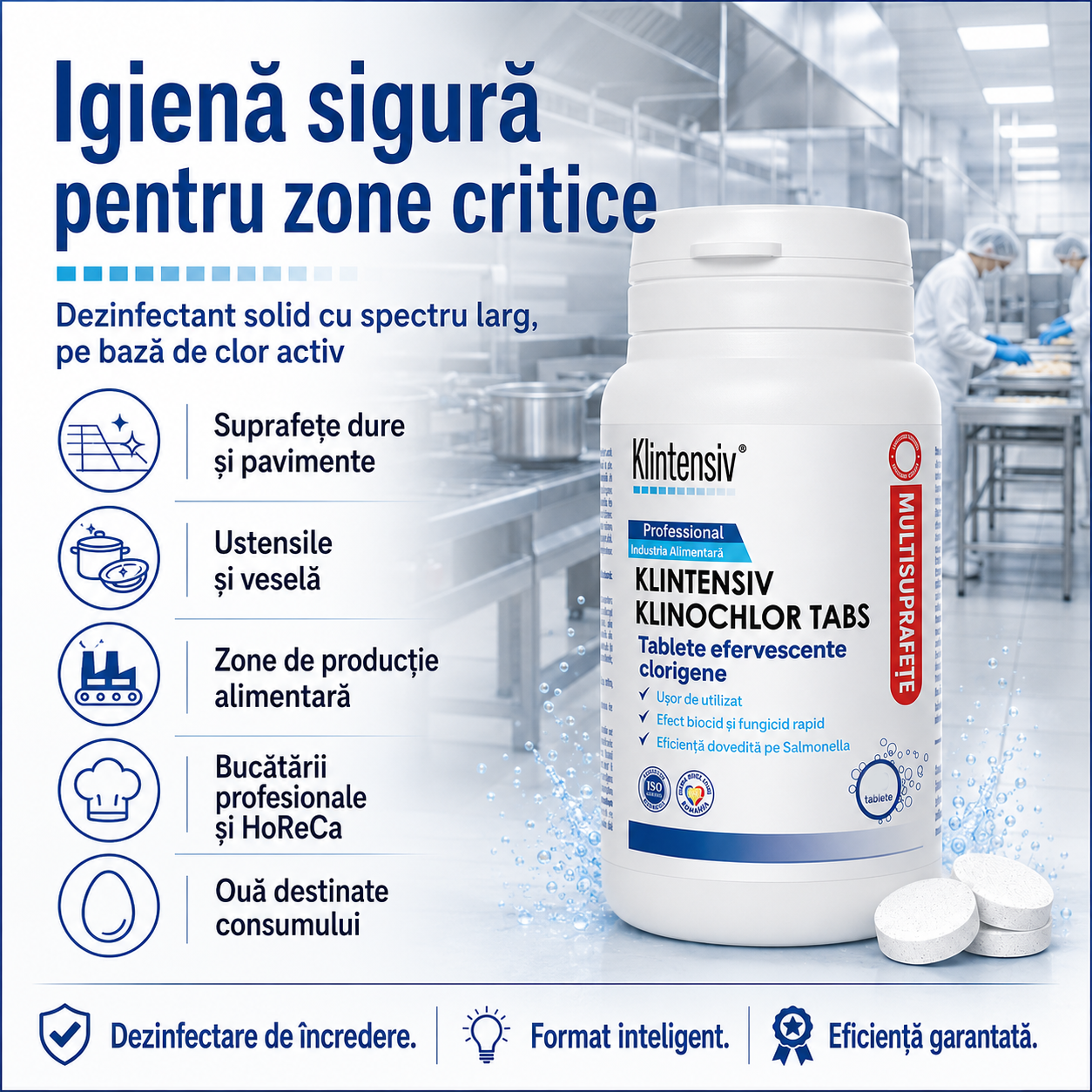 Beneficii Klinochlor Tabs tablete dezinfectante biodegradabile peste 90% spectru larg clor activ