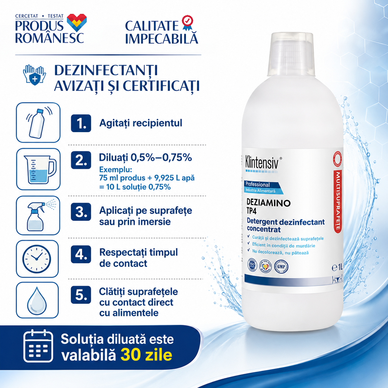 Beneficii DEZIAMINO biodegradabil peste 90% nu pătează spumare redusă eficiență în murdărie