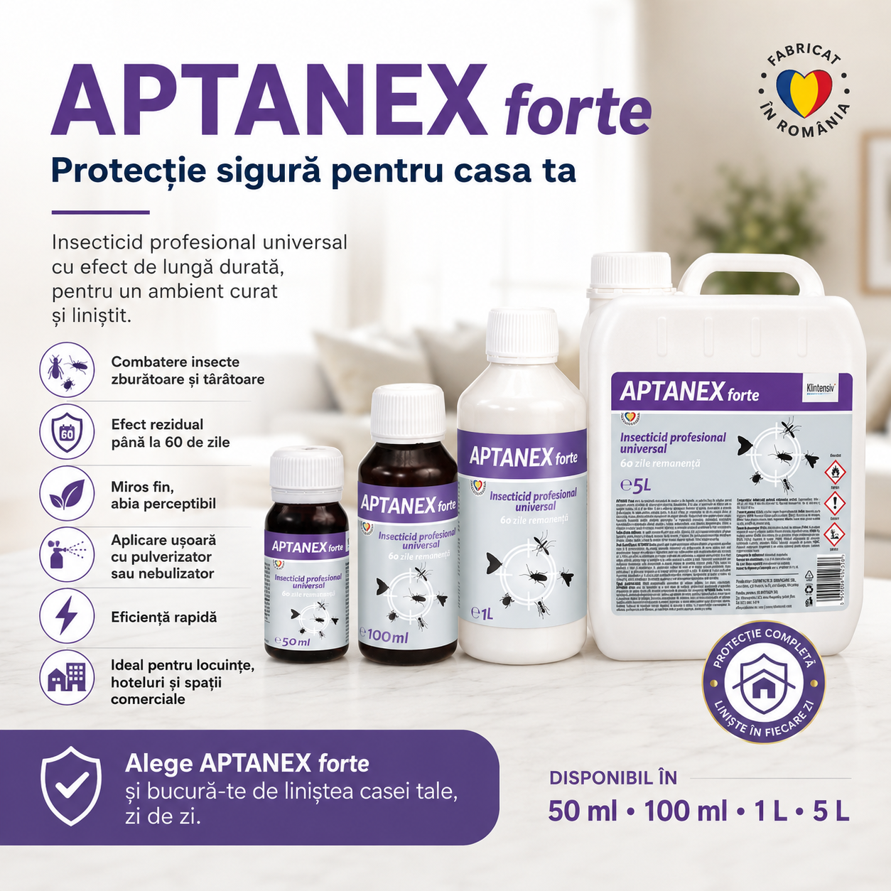 Beneficii APTANEX efect rezidual p&acirc;nă la 60 zile miros fin aplicare cu pulverizator
