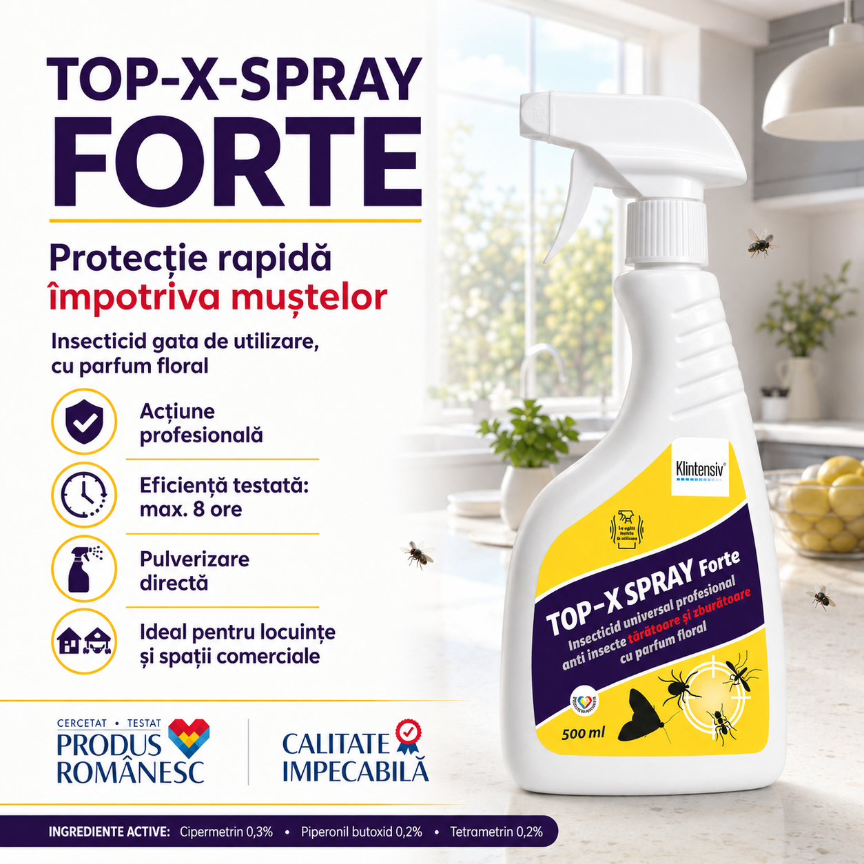 Beneficii TOP-X-SPRAY FORTE insecticid pentru muște acțiune rapidă eficiență maxim 8 ore