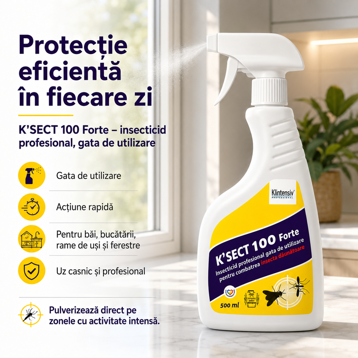 Beneficii K-Sect 100 Forte insecticid gata de utilizare cu pulverizare directă