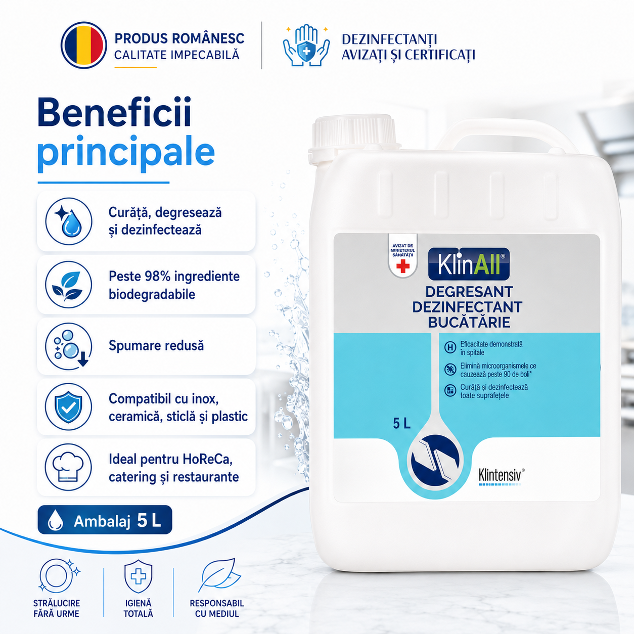 Degresant dezinfectant KlinAll Klintensiv cu ingrediente biodegradabile peste 98 la sută