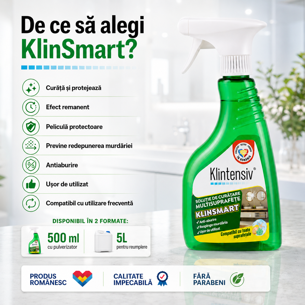 Klintensiv KlinSmart curățare rapidă baie bucătărie suprafețe vitrate inox și ceramică