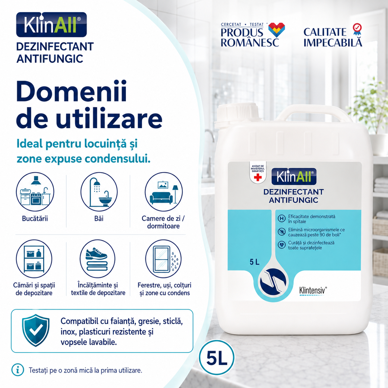Dezinfectant antimucegai KlinAll pentru suprafețe lavabile sticlă inox plastic vopsele lavabile faianță și gresie