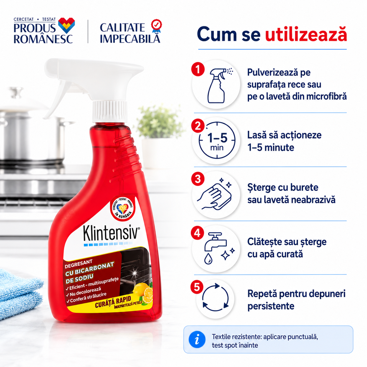 Soluție degresantă cu bicarbonat Klintensiv pentru suprafețe lavabile inox ceramică sticlă și plastic