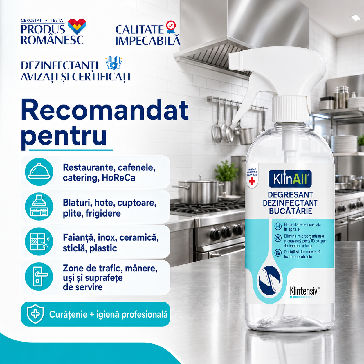 KlinAll degresant dezinfectant pentru blaturi hote cuptoare frigidere vitrine faianță și inox