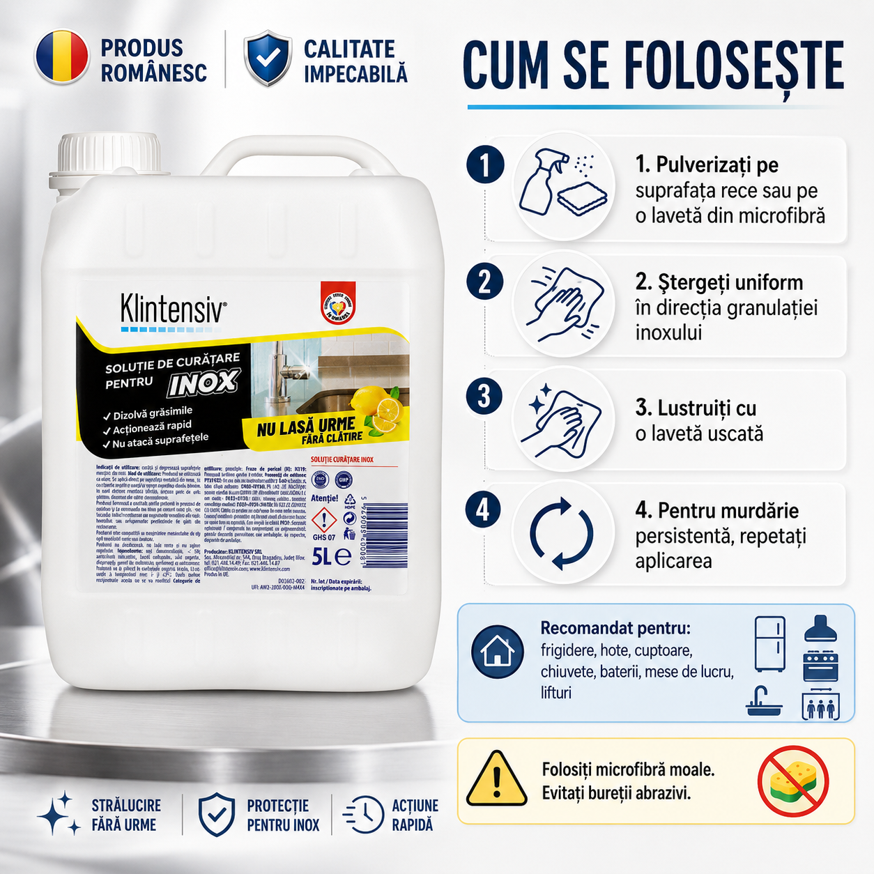Curățare inox Klintensiv pentru electrocasnice hote mese de lucru chiuvete și balustrade