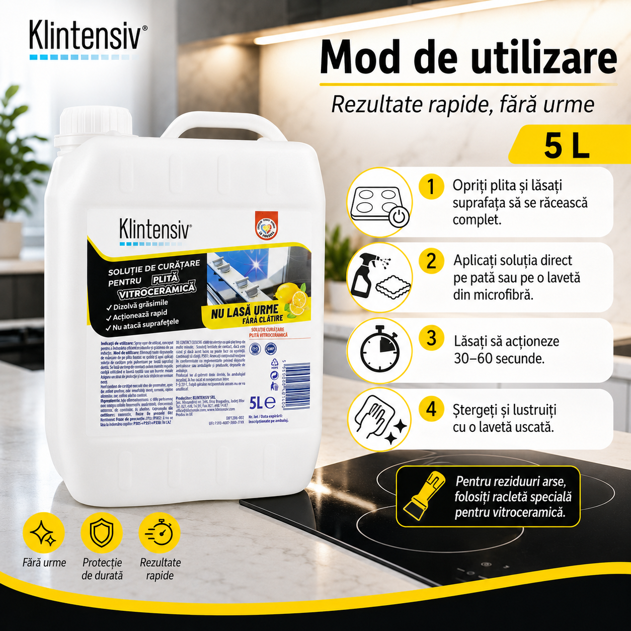Curățare plită cu inducție Klintensiv pentru sticlă ceramică suprafețe lucioase și termorezistente