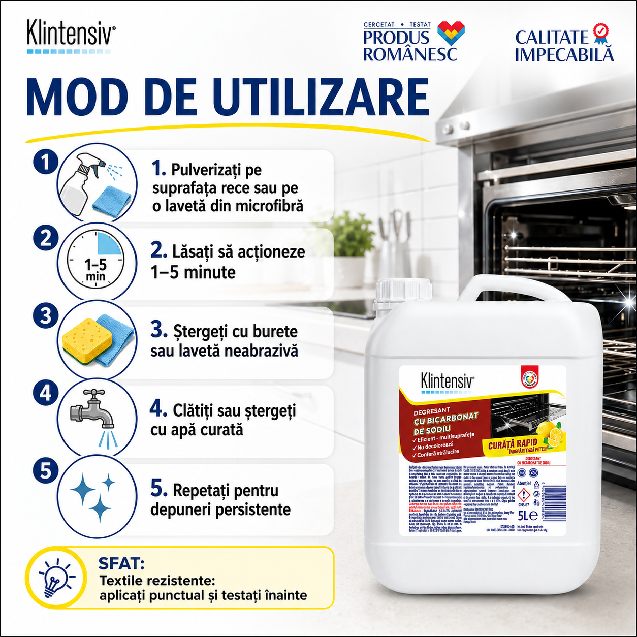 Soluție degresantă cu bicarbonat Klintensiv pentru suprafețe lavabile inox ceramică sticlă și plastic