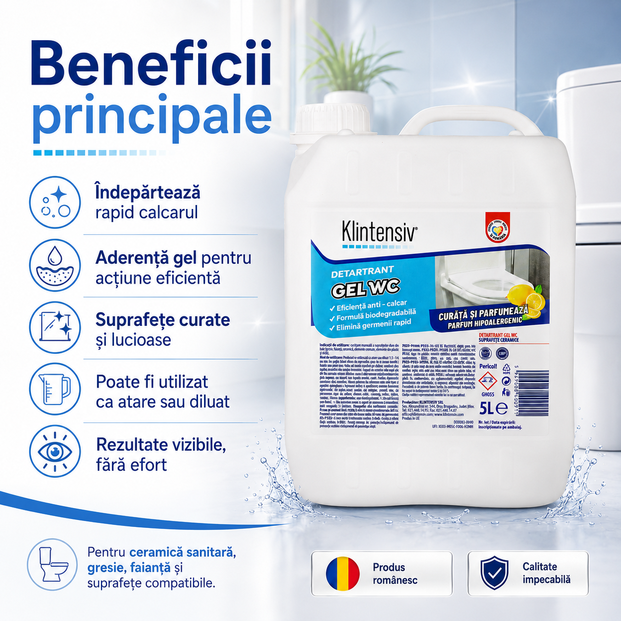 Gel detartrant Klintensiv pentru gresie faianță ceramică sticlă duș și inox rezistent