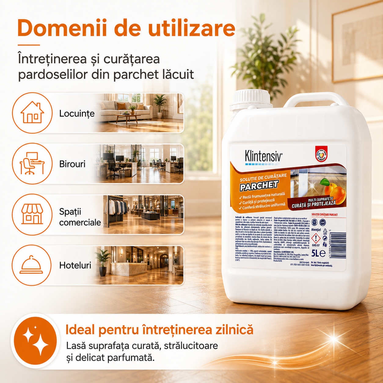 Klintensiv soluție curățare parchet pentru locuințe birouri spații comerciale și hoteluri