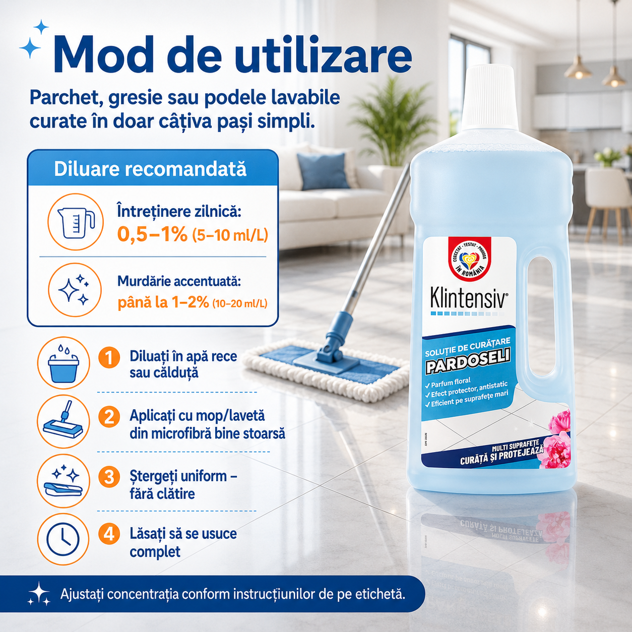 Soluție Klintensiv pentru curățenie rapidă fără clătire parfum persistent și randament mare
