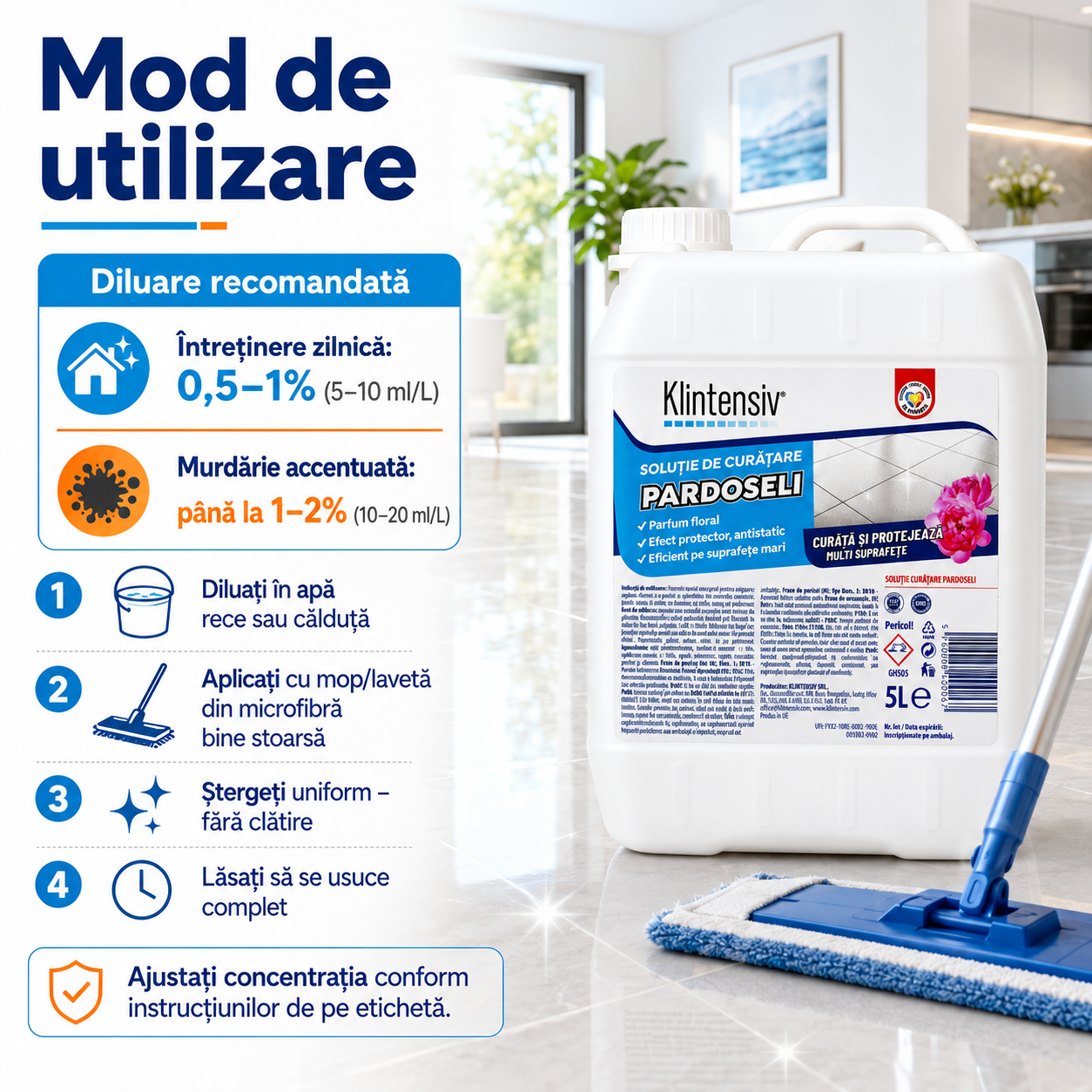Detergent pardoseli Klintensiv pentru locuințe birouri hoteluri clinici și spații comerciale