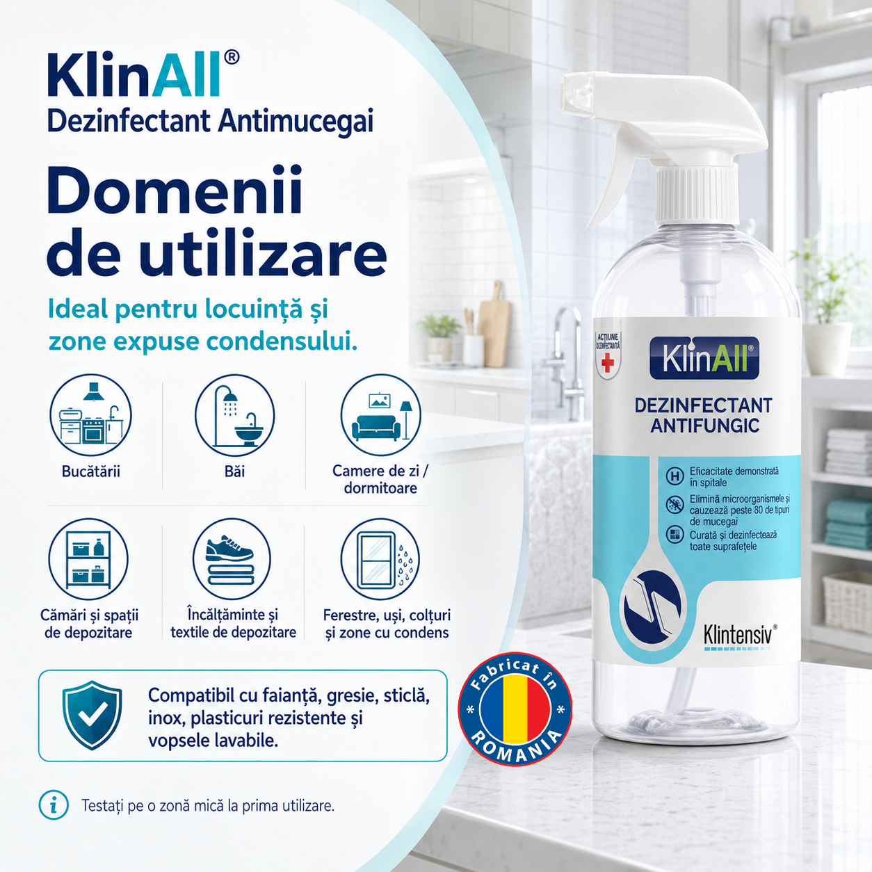 Dezinfectant antimucegai KlinAll pentru suprafețe lavabile sticlă inox plastic vopsele lavabile faianță și gresie