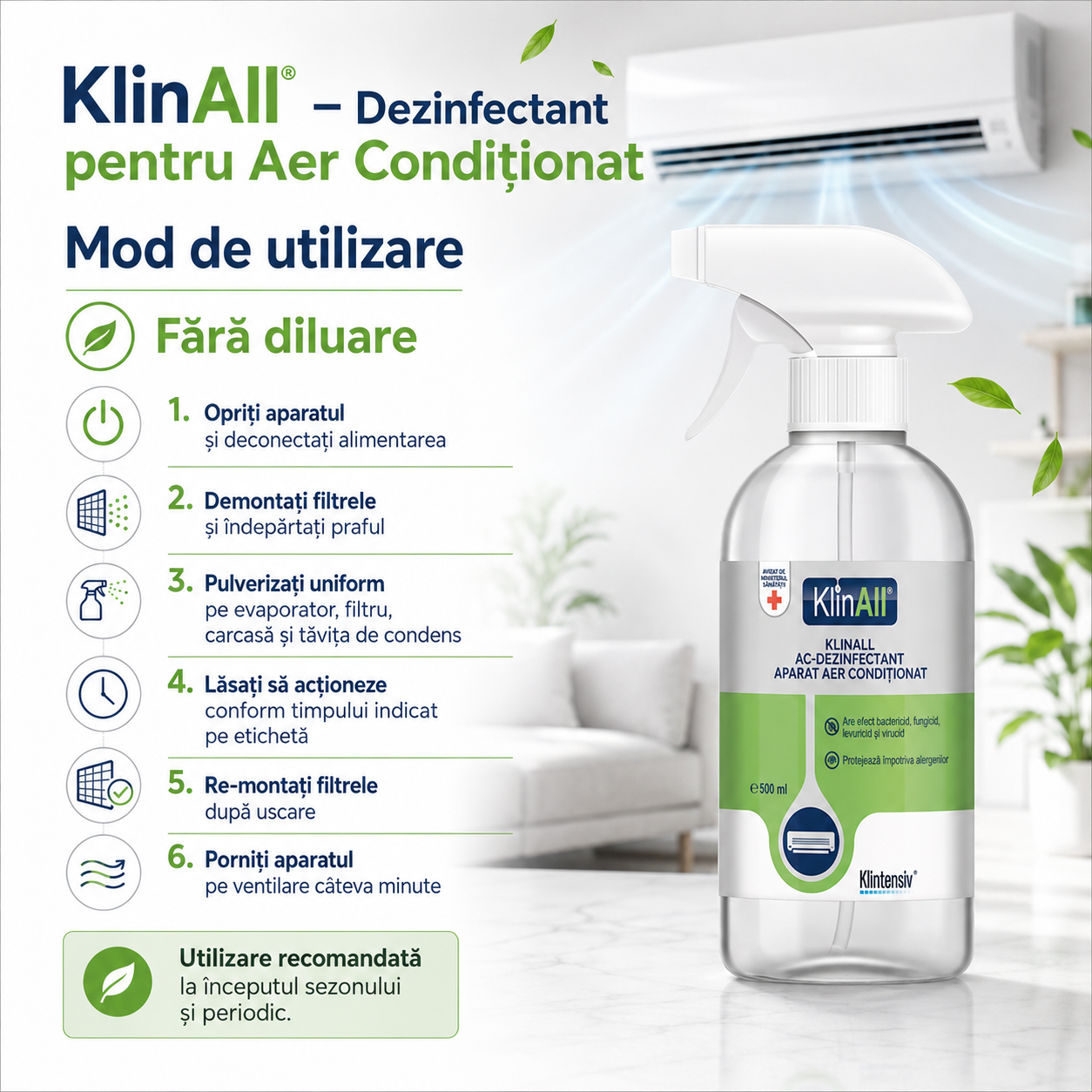Dezinfectant aer condiționat Klintensiv pentru locuințe birouri HoReCa și spații comerciale