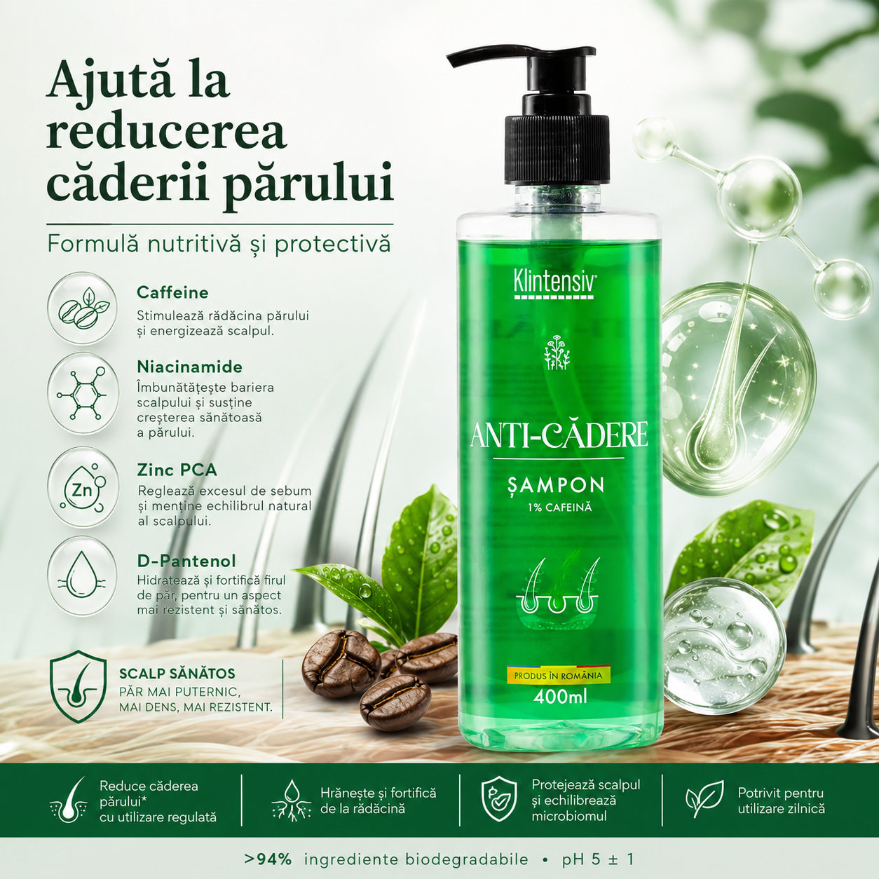 Ingrediente active șampon Klintensiv Caffeine Niacinamide Zinc PCA D-Panthenol