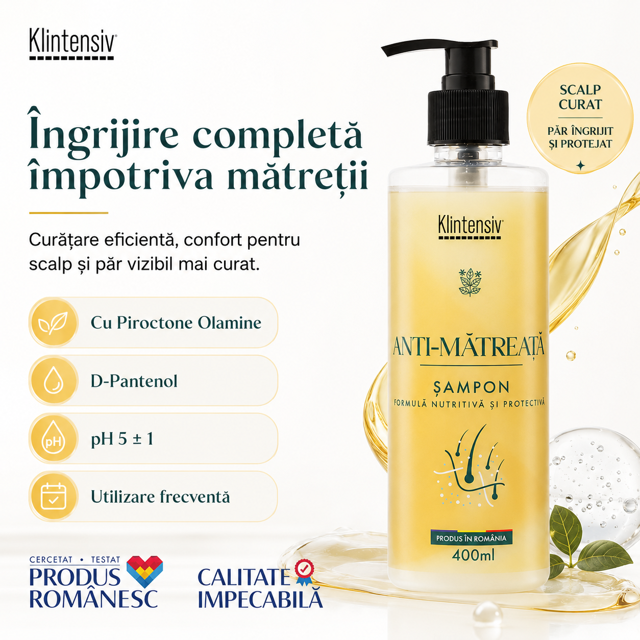 Șampon anti-mătreață Klintensiv flacon și bidon 5 litri pentru hoteluri saloane firme și reumplere