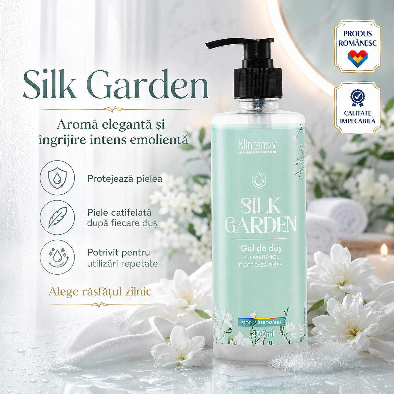 Ingrediente gel de duș Klintensiv Silk Garden D-Panthenol glicerină Zinc PCA acid lactic și agent perlat