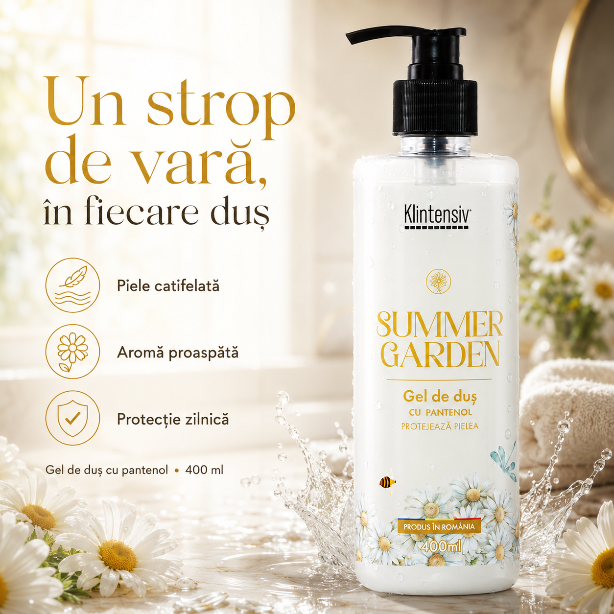 Ingrediente gel de duș Klintensiv Summer Garden D-Panthenol glicerină Zinc PCA acid lactic și agent perlat