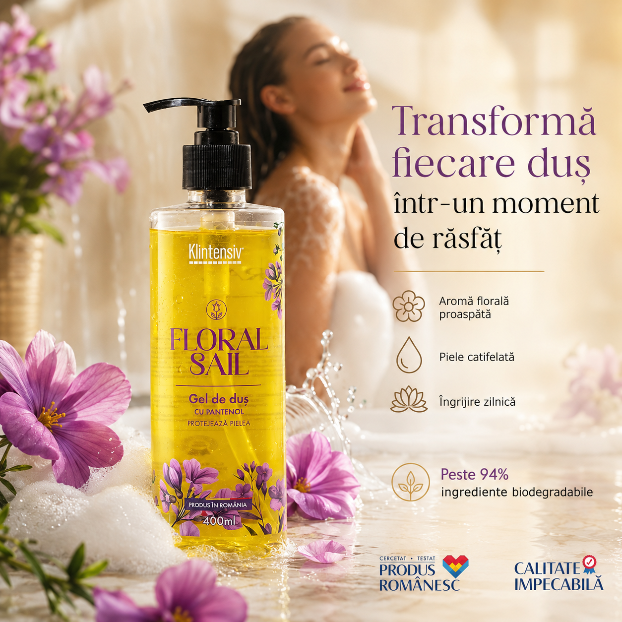 Ingrediente gel de duș Klintensiv Floral Sail D-Panthenol glicerină Zinc PCA și acid lactic