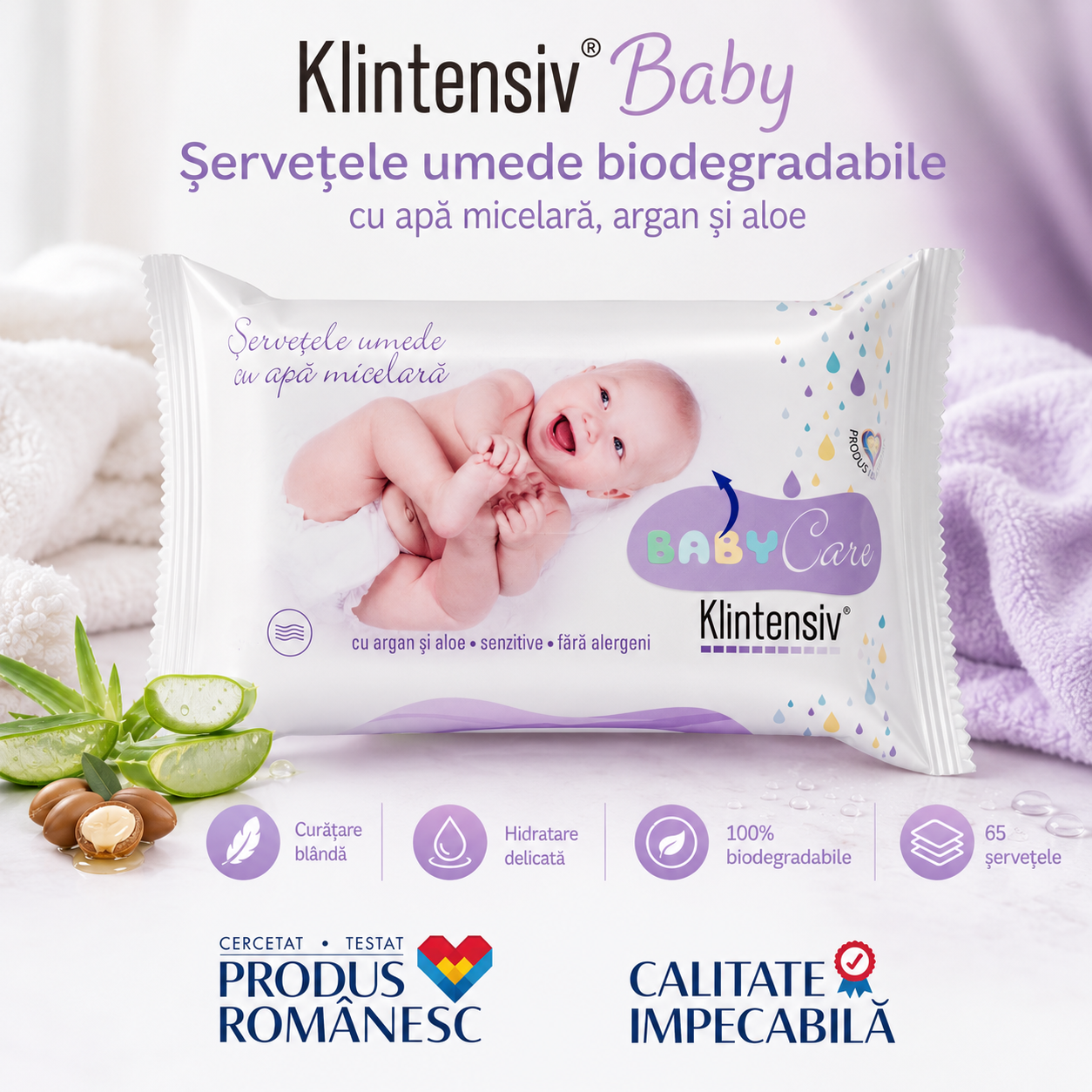 Beneficii șervețele umede Klintensiv Baby biodegradabile testate dermatologic cu argan și aloe